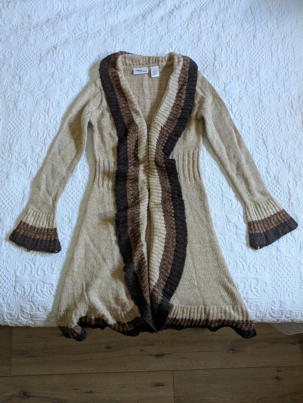 Allison Brittney Beige Cardigan with Brown Trim
